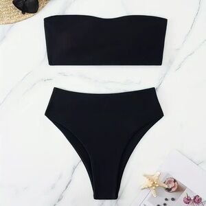 Temu Bandeau Lace-Up High-Waist Swim Bikini in Black, Size Women’s Medium